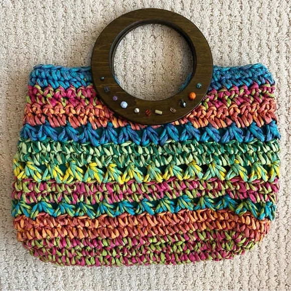 CAPPELLI STRAWORLD Turquoise Crochet Toyo Straw Wooden Grip Satchel Tote Handbag - Picture 4 of 11